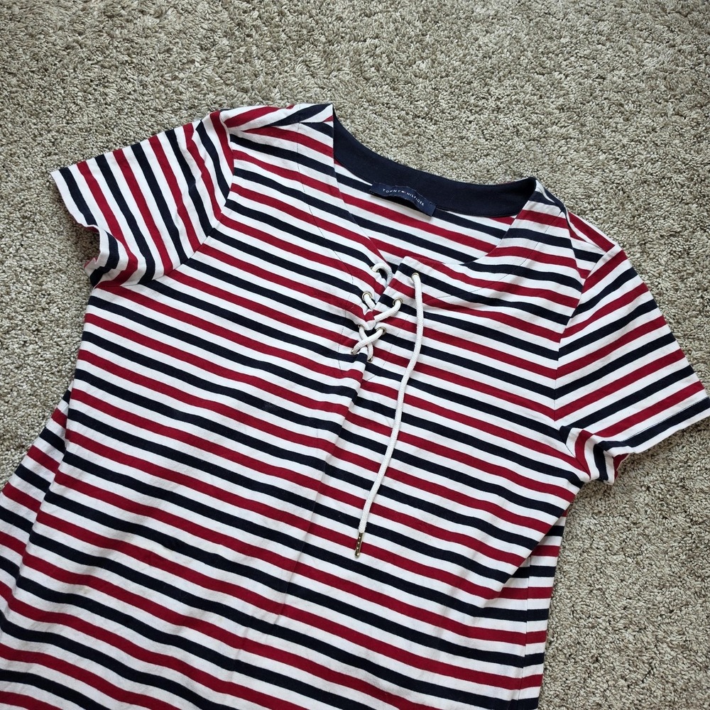 Tommy Hilfiger Dress Womens Medium Multicolor Striped T-Shirt Lace Up 4th July